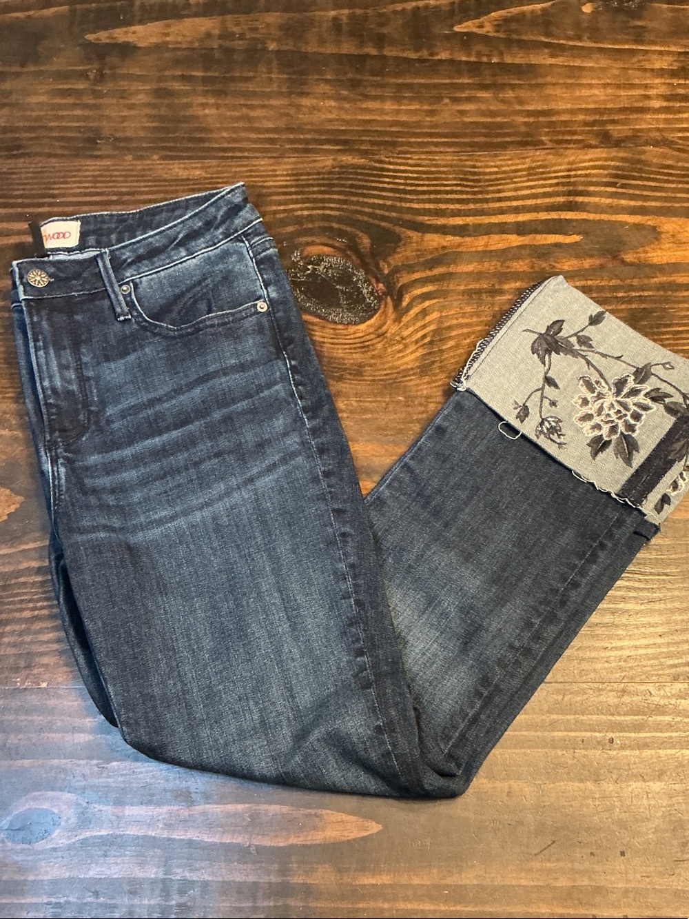 DRIFTWOOD Dark Blue Cropped Jeans with Embroidered Cuff
